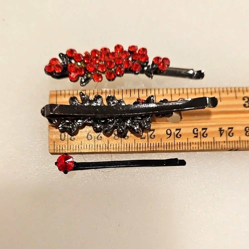 Set of 3 Ruby Red Rhinestone hair pins Special Occasion Bun Braid Prom Party